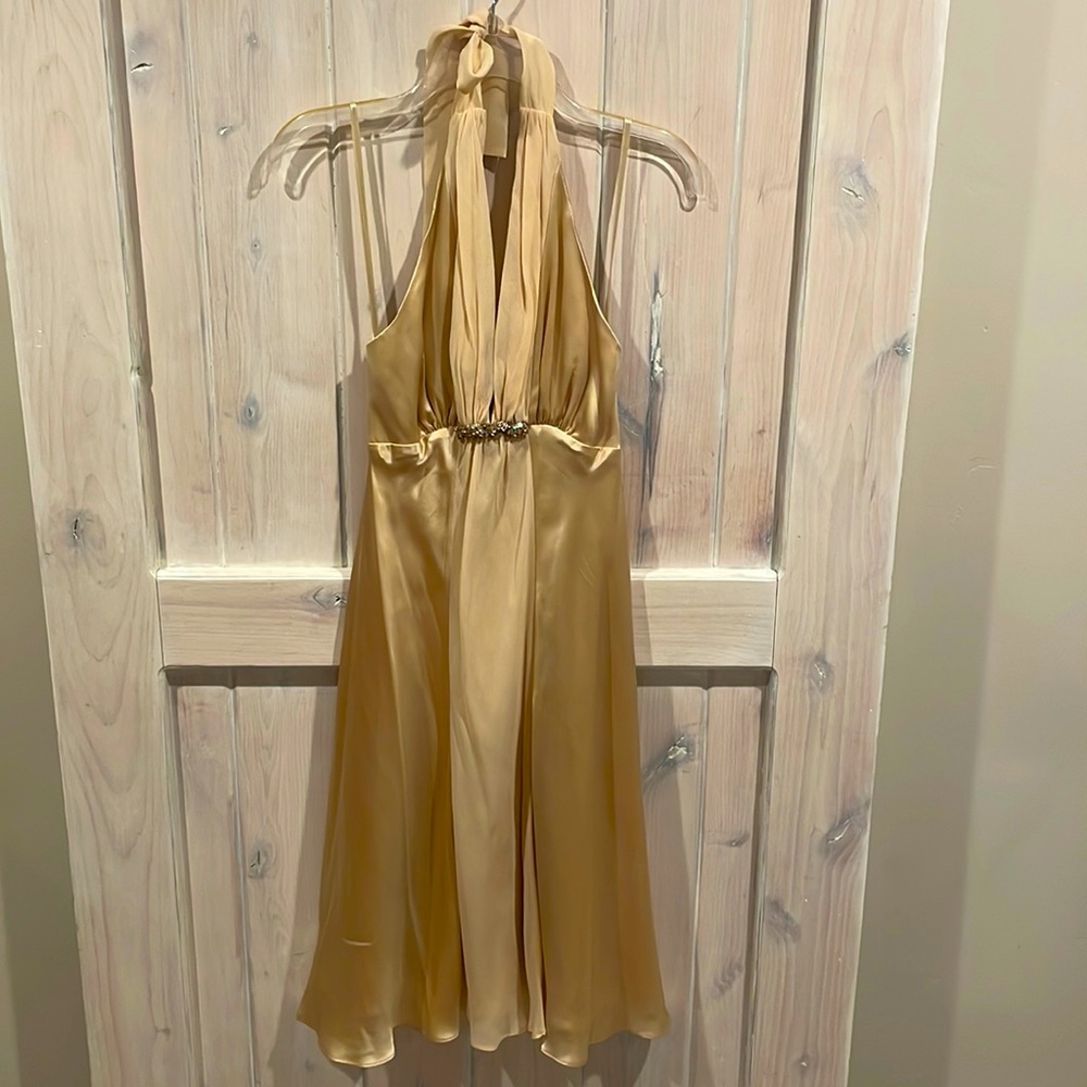 Cream color satin & chiffon, tie top, a-line dress